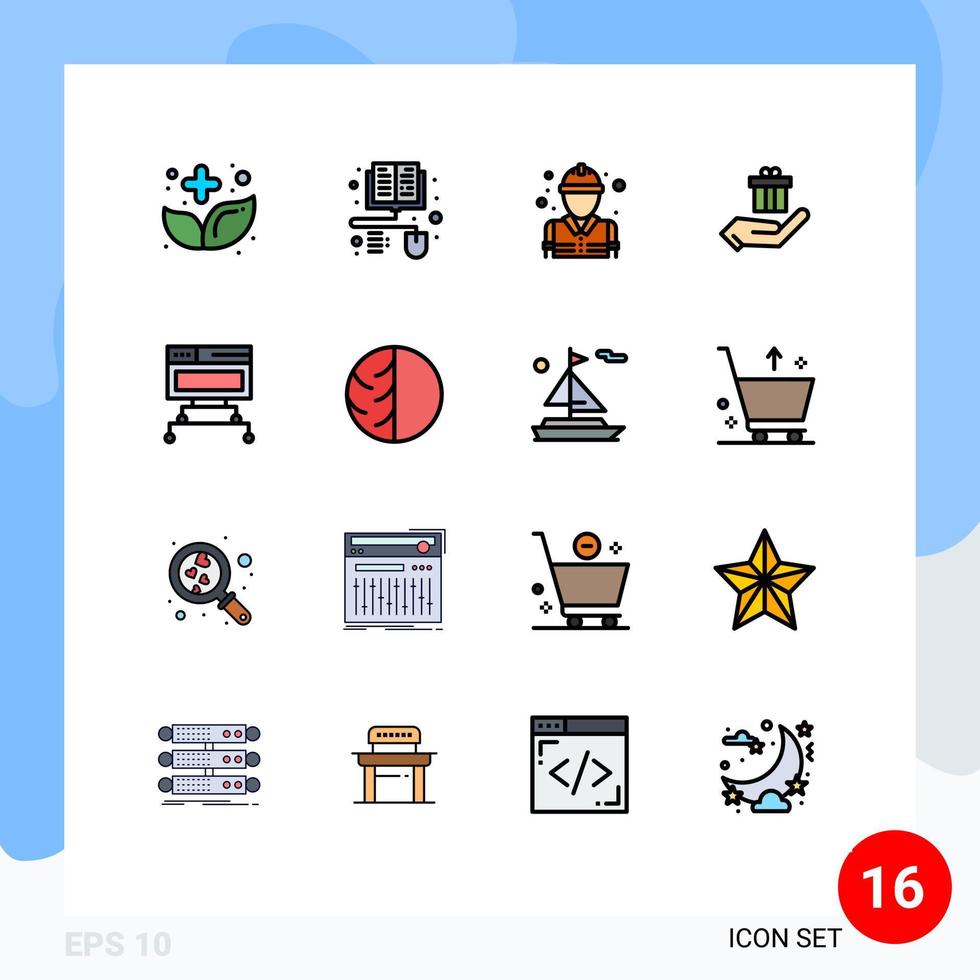 pacote de 16 sinais e símbolos de linhas preenchidas de cores planas modernas para mídia de impressão na web, como lutador de comércio eletrônico de conexão presente elementos de design de vetores criativos editáveis