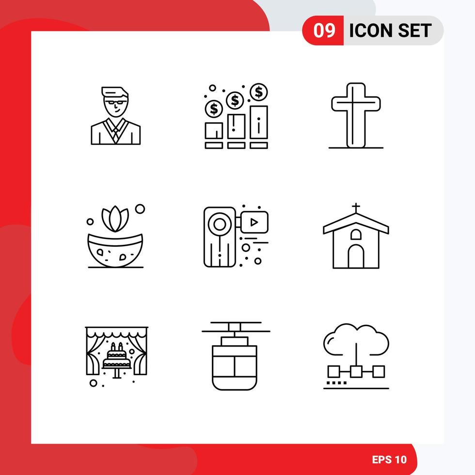 grupo de símbolos de ícone universal de 9 contornos modernos de elementos de design de vetor editável de páscoa de dinheiro de erva de filme