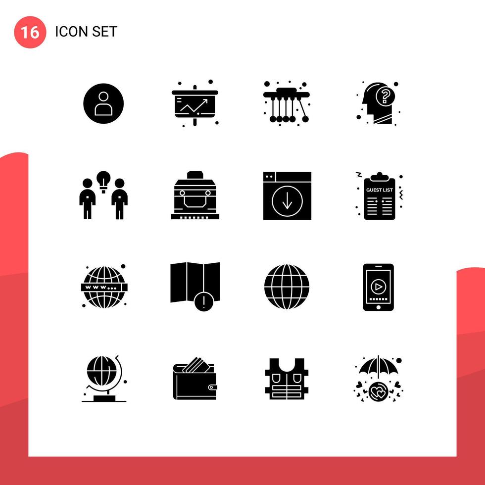 16 conceito de glifo sólido para sites móveis e aplicativos brainstorm cabeça de estatística humana resposta elementos de design de vetores editáveis