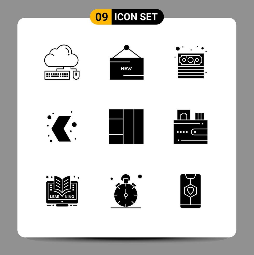 pacote de linha vetorial editável de 9 glifos sólidos simples de ponteiro esquerdo direção do produto pagamento elementos de design vetorial editável vetor
