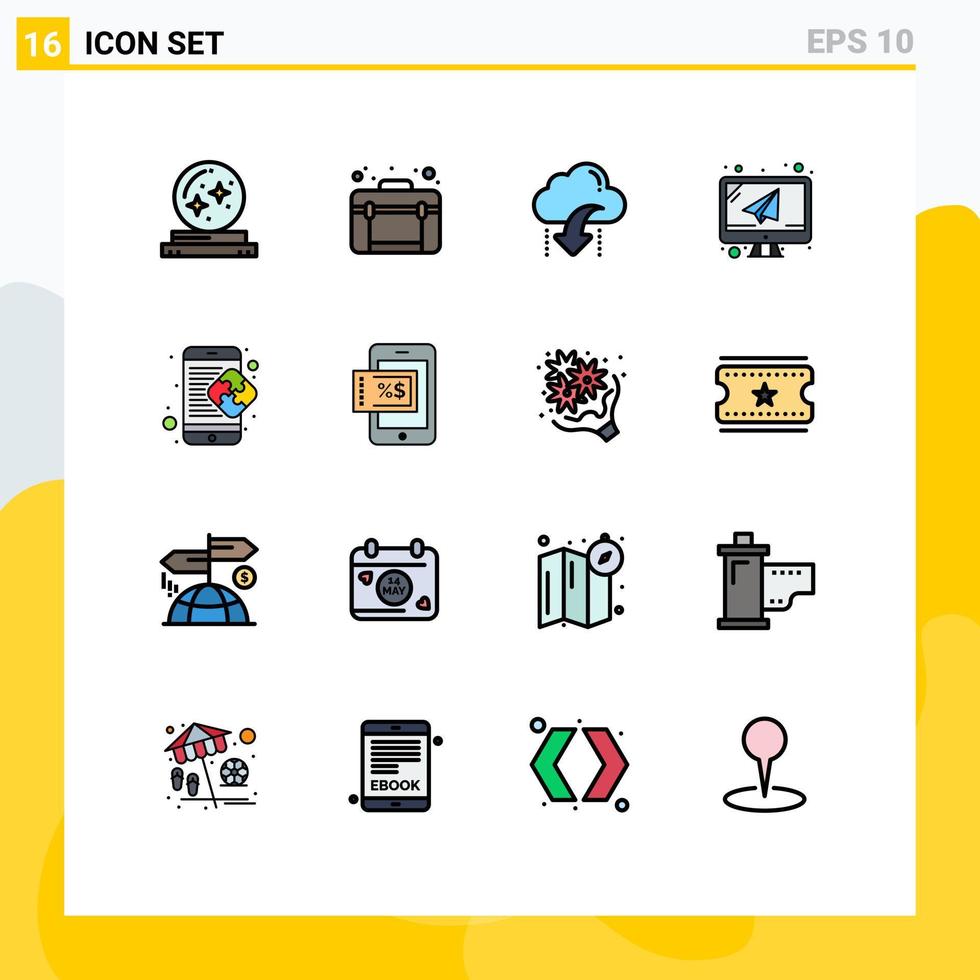 pacote de 16 sinais e símbolos de linhas preenchidas de cores planas modernas para mídia de impressão na web, como correio, email, computador da web, seta, elementos de design de vetores criativos editáveis