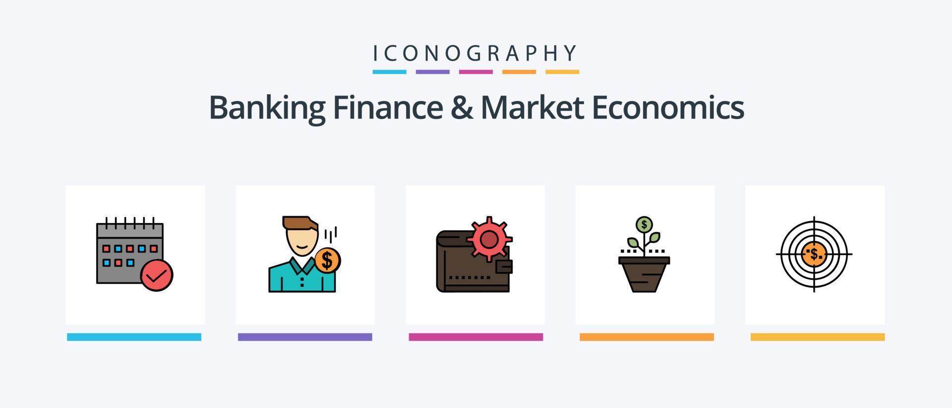 a linha de finanças bancárias e economia de mercado preencheu o pacote de 5 ícones, incluindo crescimento. tempo. dinheiro. xícara. café. design de ícones criativos vetor