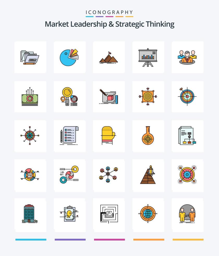 liderança de mercado criativo e pensamento estratégico 25 linhas cheias de ícones, como negócios. projeto. . apresentação. bandeira vetor