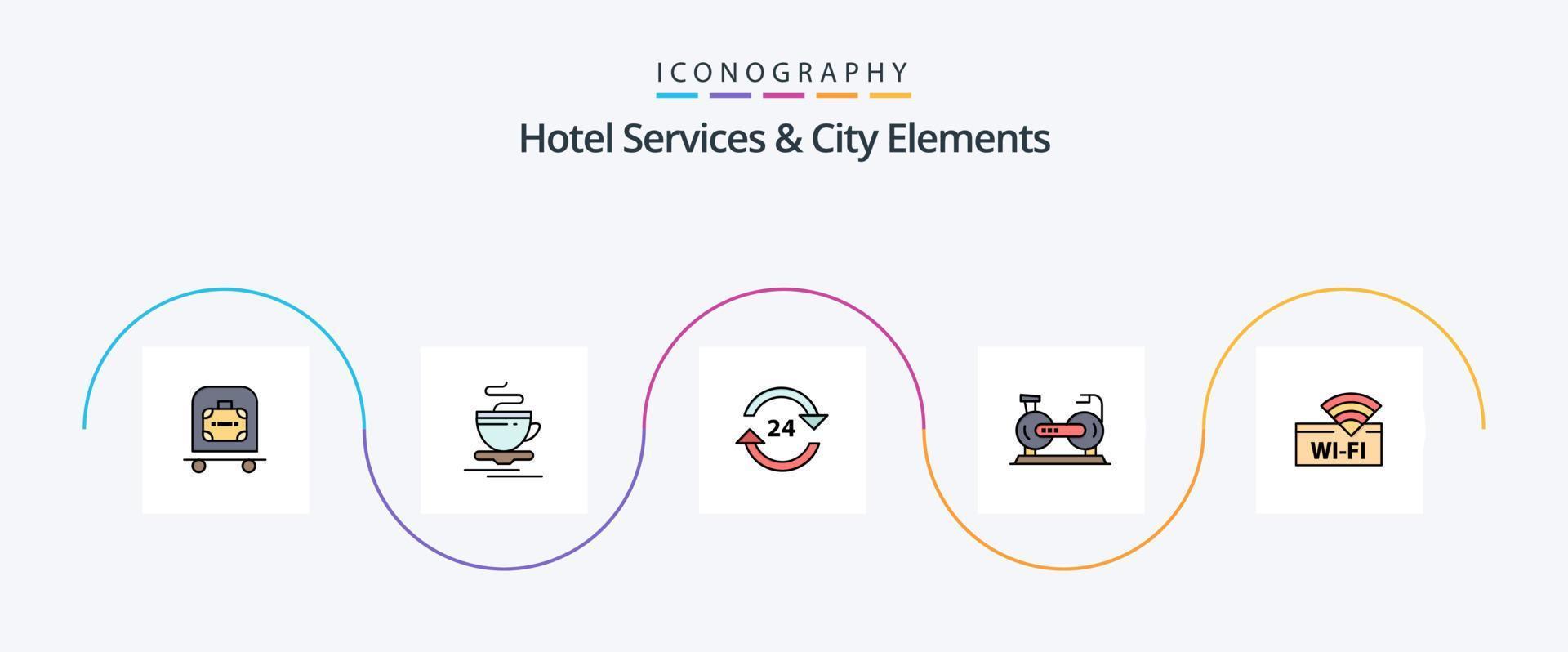 serviços de hotelaria e linha de elementos da cidade preenchida com 5 ícones planos, incluindo bicicleta. ciclo. porteiro. bicicleta. serviço vetor