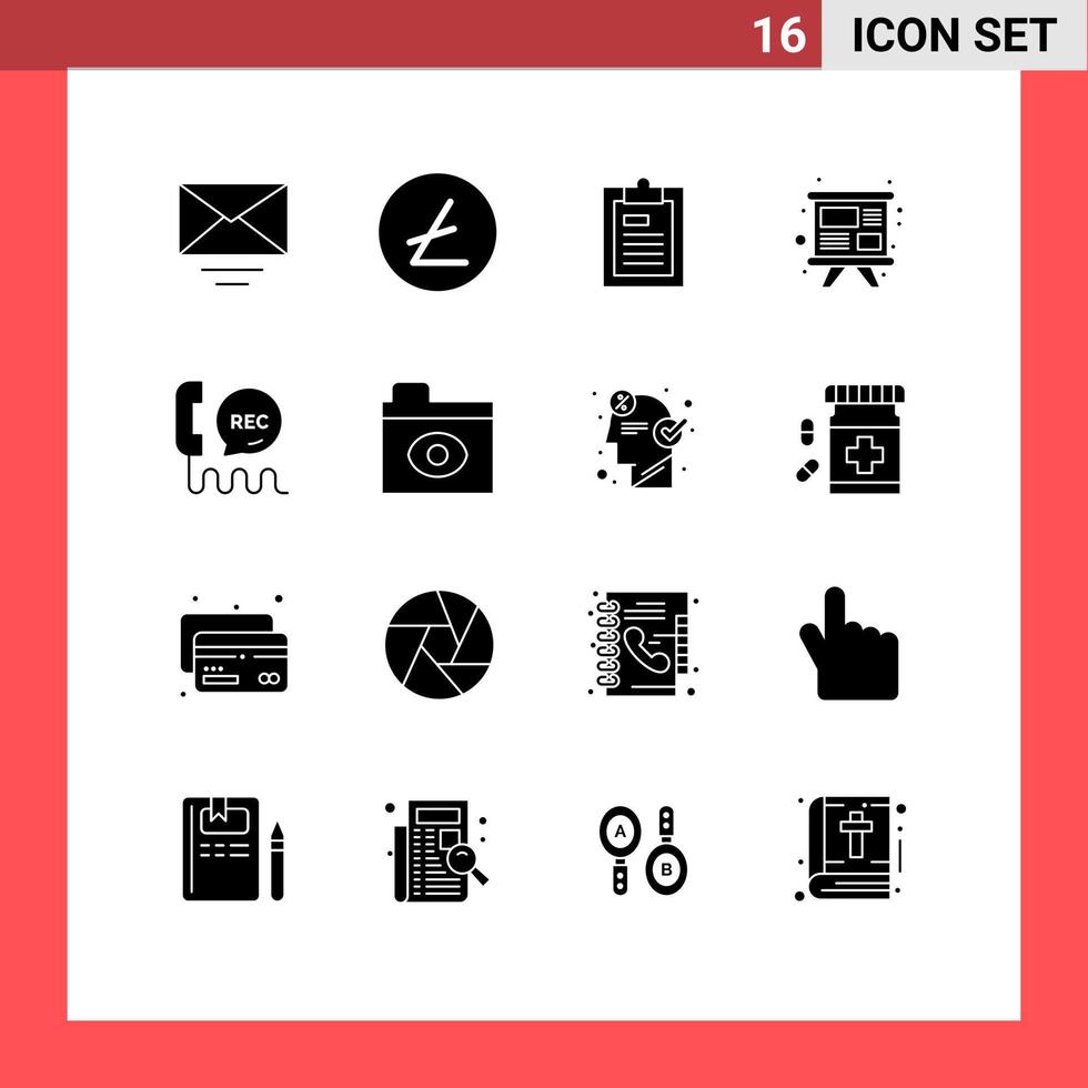 grupo de 16 glifos sólidos modernos definidos para estudo de treinamento de arquivo de chamada de comunicação elementos de design de vetores editáveis