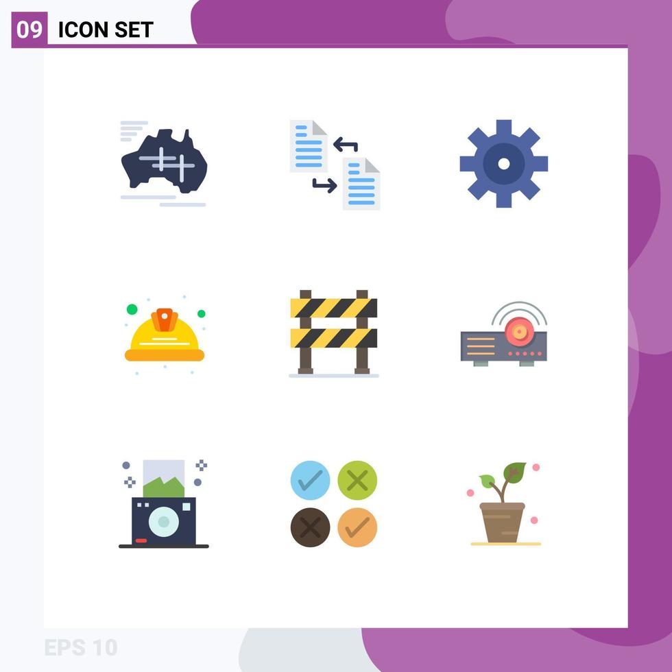 pacote de cores planas de 9 símbolos universais de página de trabalho de segurança, configuração de veículo de capacete, elementos de design de vetores editáveis