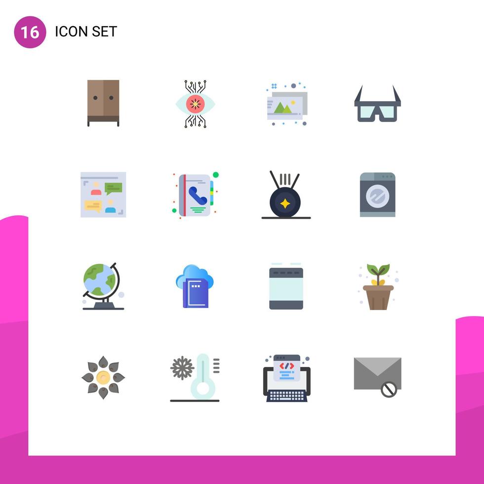 conjunto de pictogramas de 16 cores planas simples de fotos de óculos de visão web pacote editável de elementos de design de vetores criativos