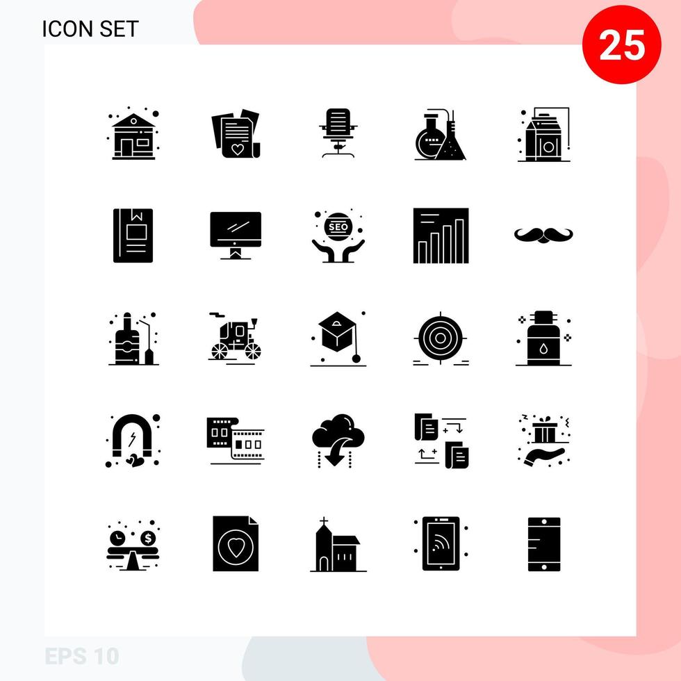 25 conceito de glifo sólido para sites móveis e aplicativos, laboratório de alimentos, reação de braço, escritório, elementos de design de vetores editáveis