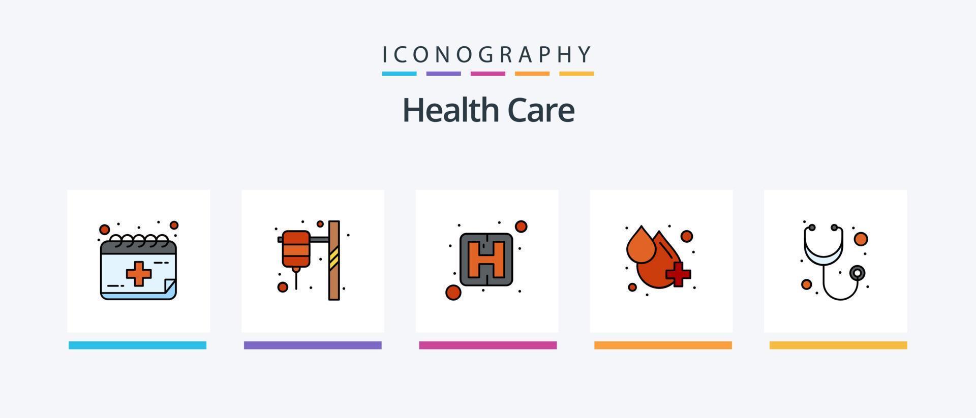 linha de cuidados de saúde encheu o pacote de 5 ícones, incluindo cuidados de saúde. batimento cardiaco. cápsula. coração. Cuidado. design de ícones criativos vetor