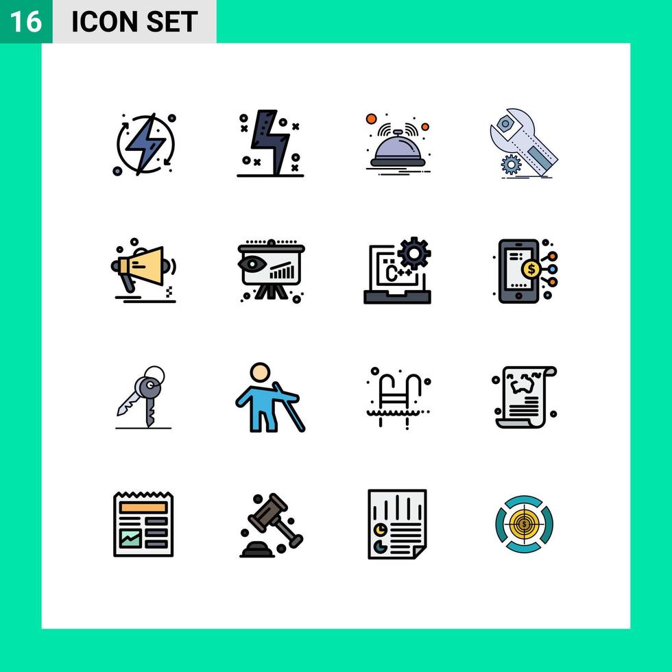 grupo de símbolos de ícone universal de 16 linhas preenchidas de cores planas modernas de notificação de configurações de energia do aplicativo de manutenção elementos de design de vetores criativos editáveis