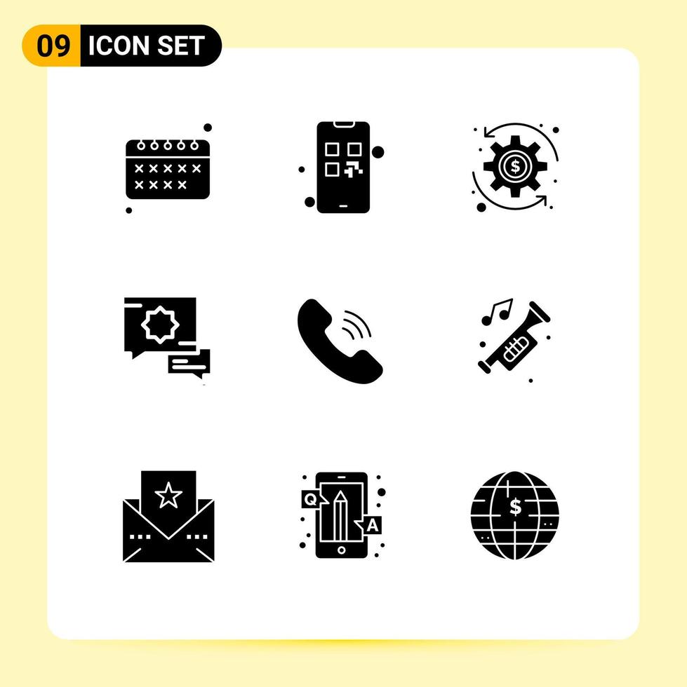 pacote de linha vetorial editável de 9 glifos sólidos simples de comunicação de dinheiro de telefone de carro fala elementos de design de vetores editáveis
