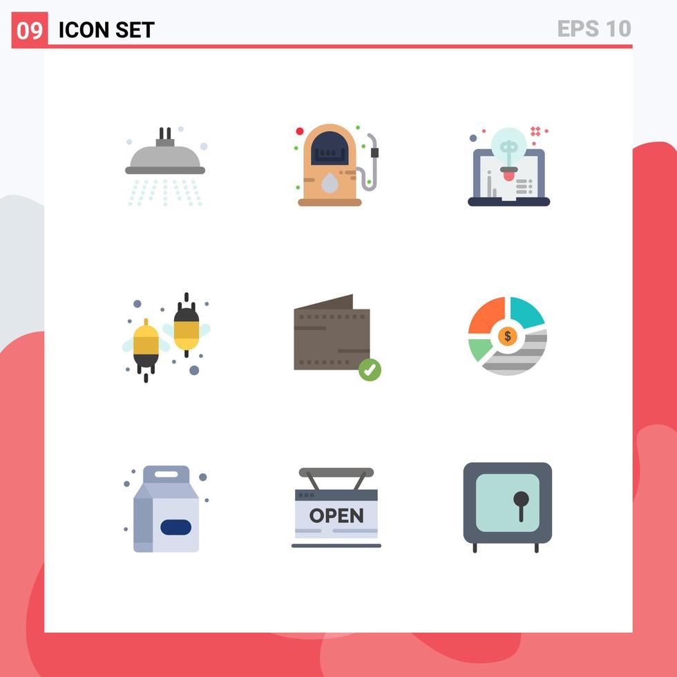 conjunto de cores planas de interface móvel de 9 pictogramas de elementos de design de vetores editáveis de ecologia de computador de mosca de comércio