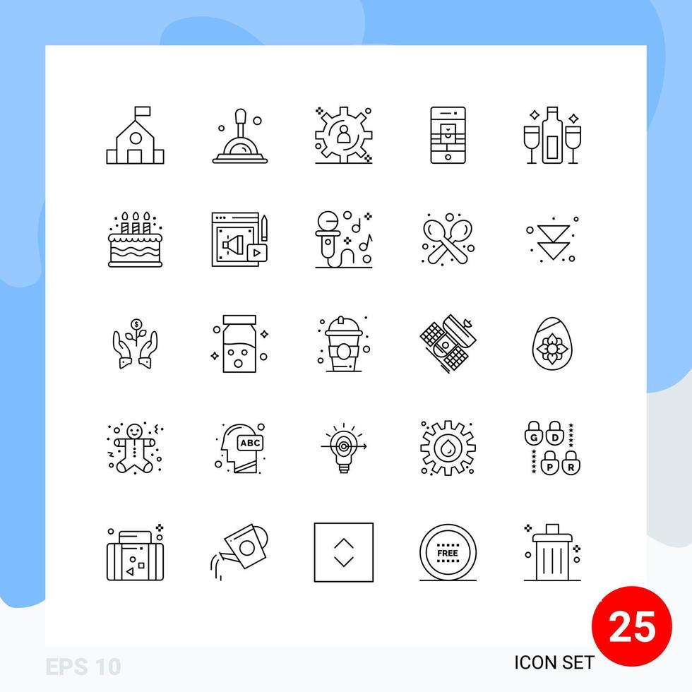 Pacote de linha de interface de usuário de 25 sinais e símbolos modernos de celebração, armazenamento de conteúdo de álcool, webcam, smartphone, elementos de design de vetores editáveis
