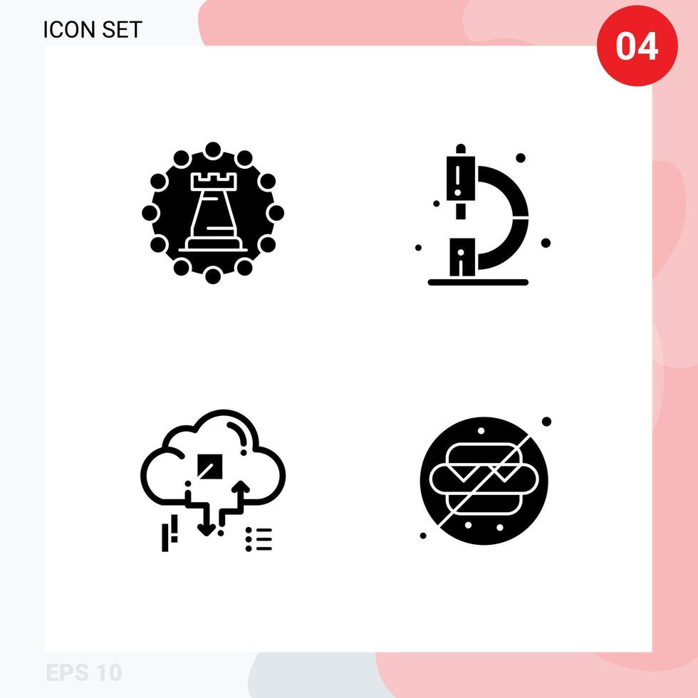 4 conceito de glifo sólido para sites móveis e aplicativos, microscópio de castelo, torre, química, conectar elementos de design de vetores editáveis