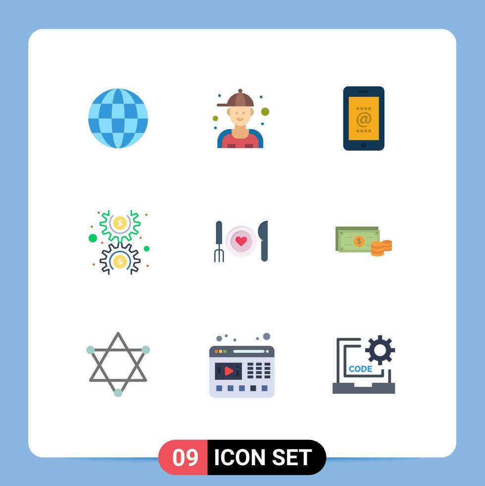 conjunto de cores planas de interface móvel de 9 pictogramas de elementos de design de vetores editáveis de engrenagem de correio de jantar de comida