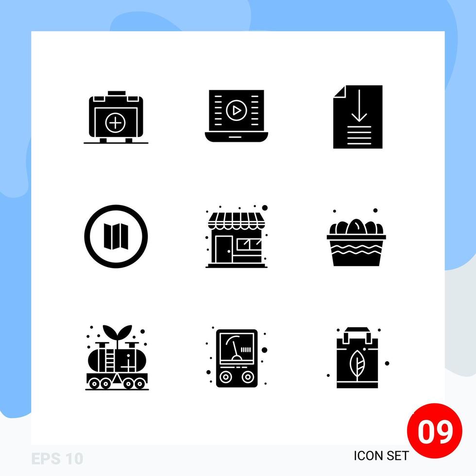 pacote de linha vetorial editável de 9 glifos sólidos simples de mercado de loja, assistir mapa de vídeo elementos de design vetorial editável de férias vetor