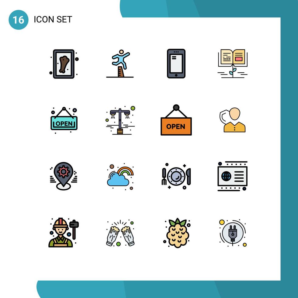 16 sinais de linha cheia de cor plana universal símbolos de conhecimento de crescimento aberto conhecimento de telefone samsung elementos de design de vetores criativos editáveis
