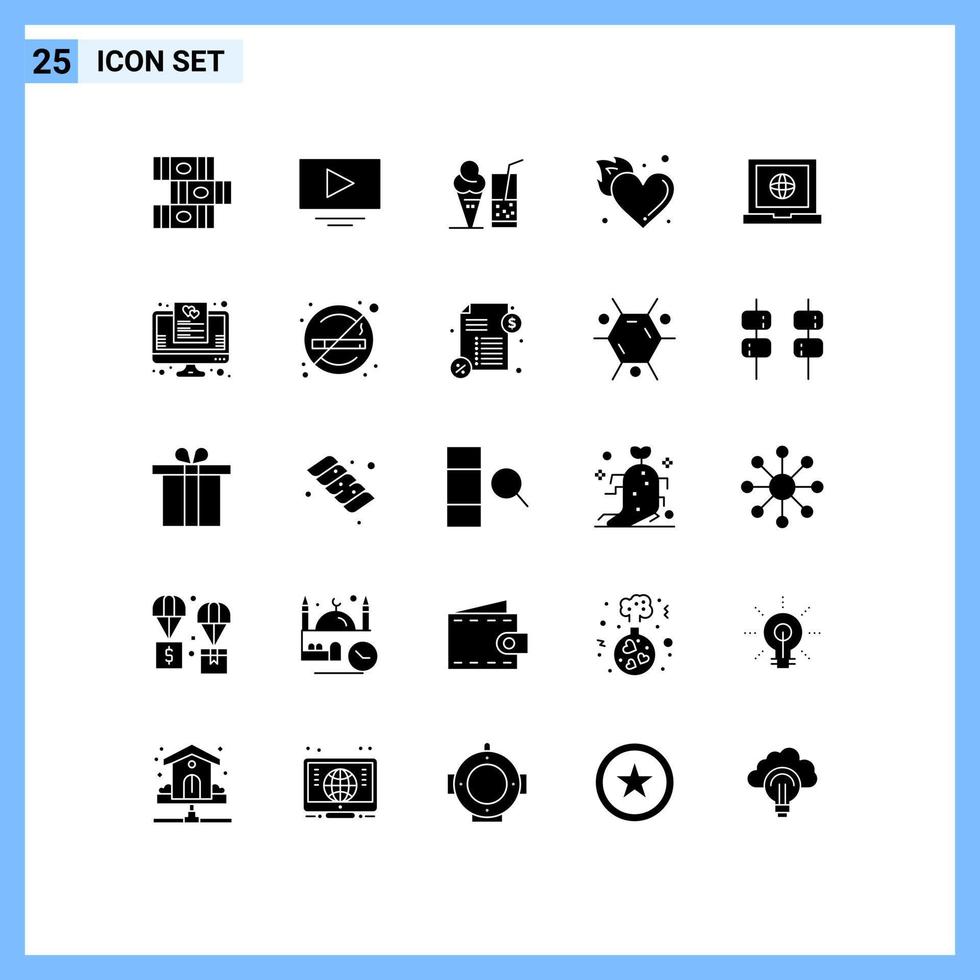 conjunto moderno de 25 glifos e símbolos sólidos, como elementos de design de vetores editáveis do globo da web verão amor coração