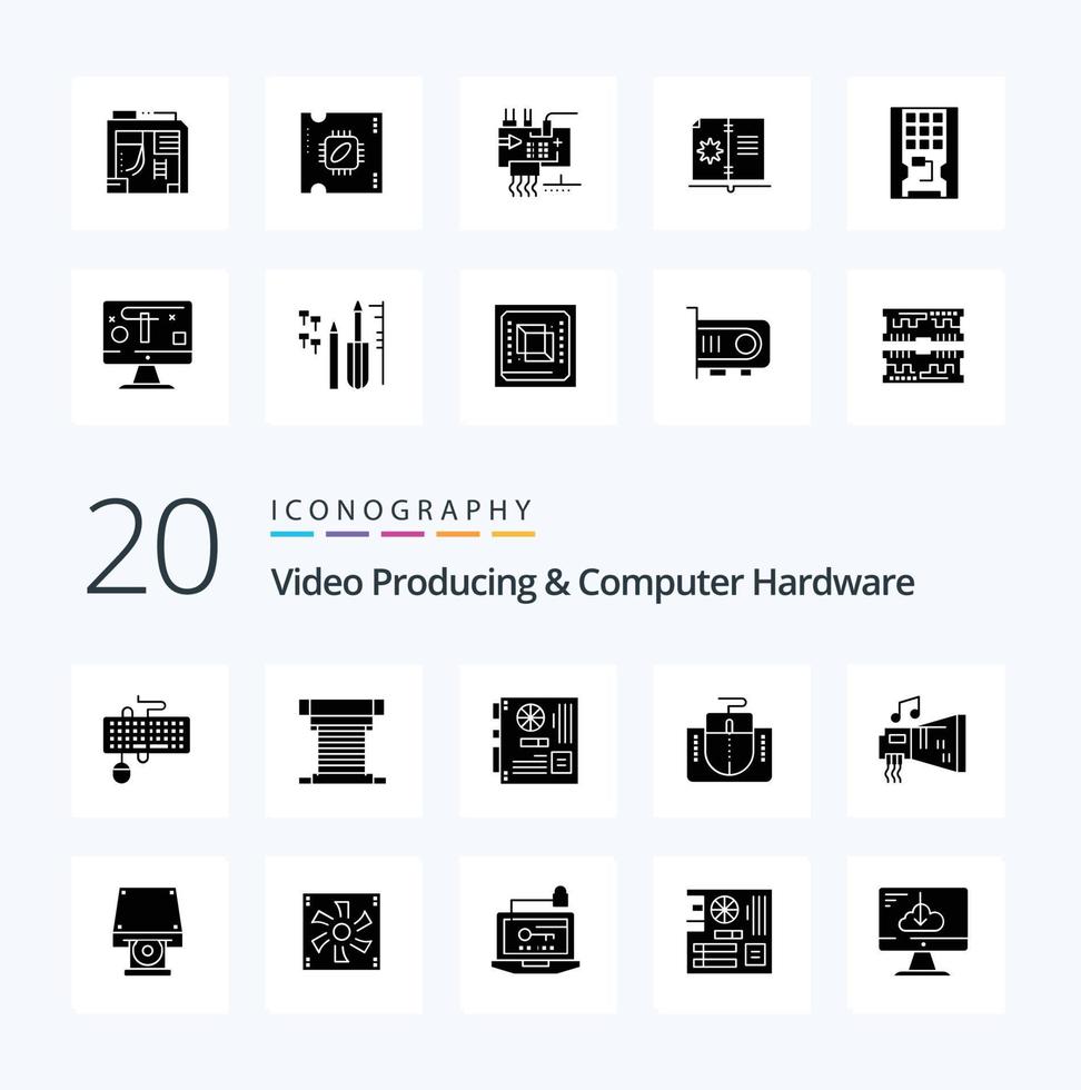 20 produção de vídeo e pacote de ícones de glifo sólido de hardware de computador como interface de mouse mouse cpu placa-mãe placa-mãe vetor