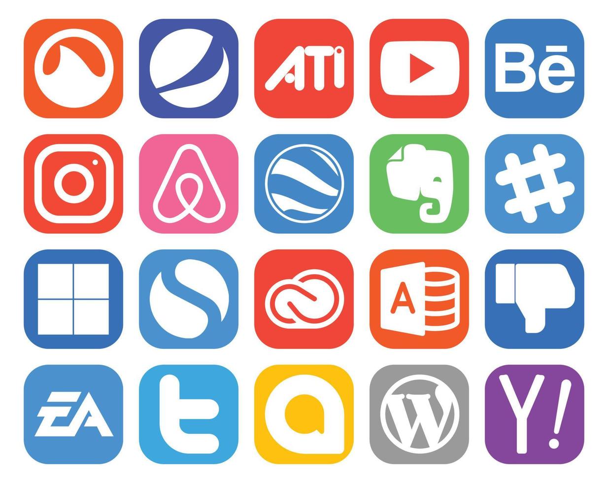20 pacotes de ícones de mídia social, incluindo microsoft access cc google earth creative cloud delicious vetor