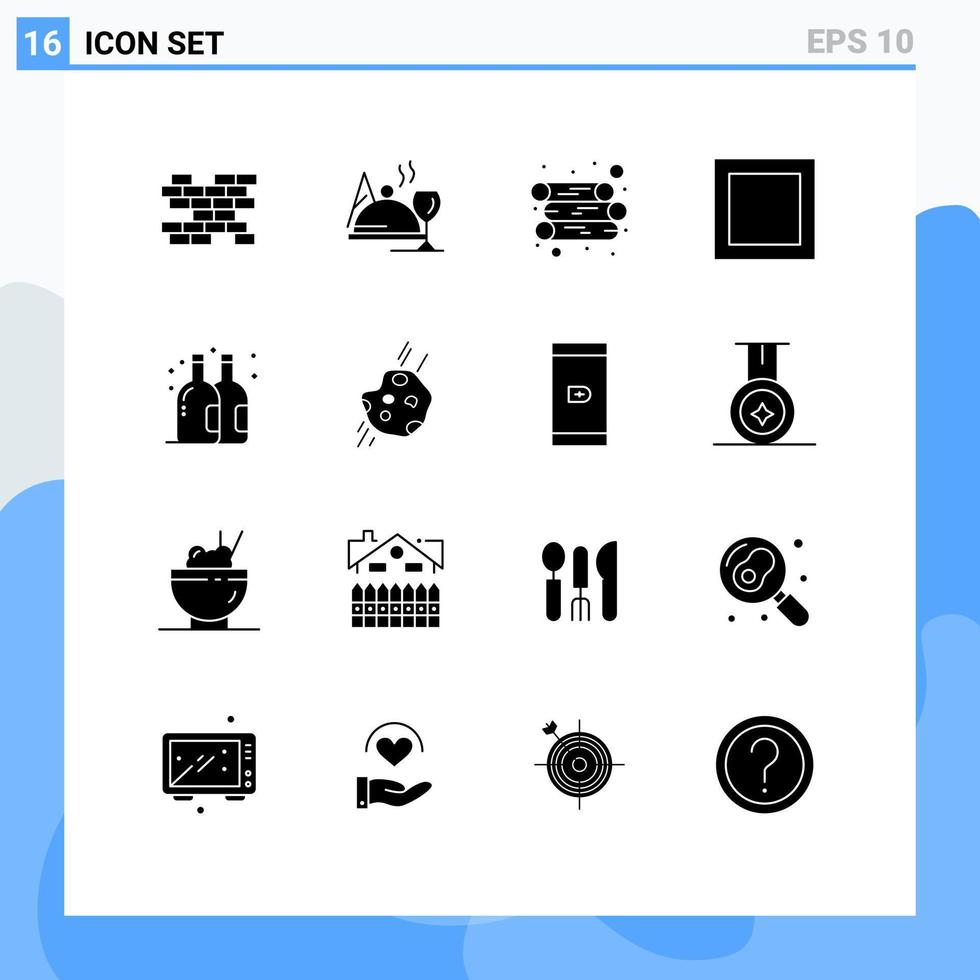 pacote de interface do usuário de 16 glifos sólidos básicos de meteoro asteroid log verão cerveja elementos de design de vetores editáveis