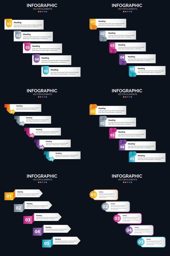 modelo de slide de apresentação de pacote de infográficos vetor 6 diagramas de ciclo de 5 etapas e linhas do tempo