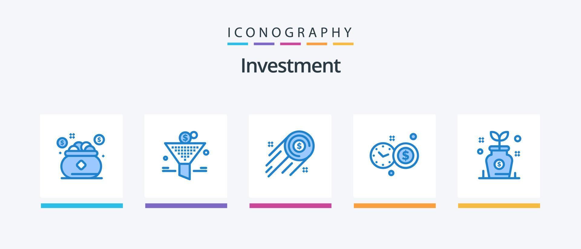 pacote de ícones de investimento azul 5, incluindo crescimento. velocímetro. retorno sobre o investimento. tempo de investimento. investimento. design de ícones criativos vetor