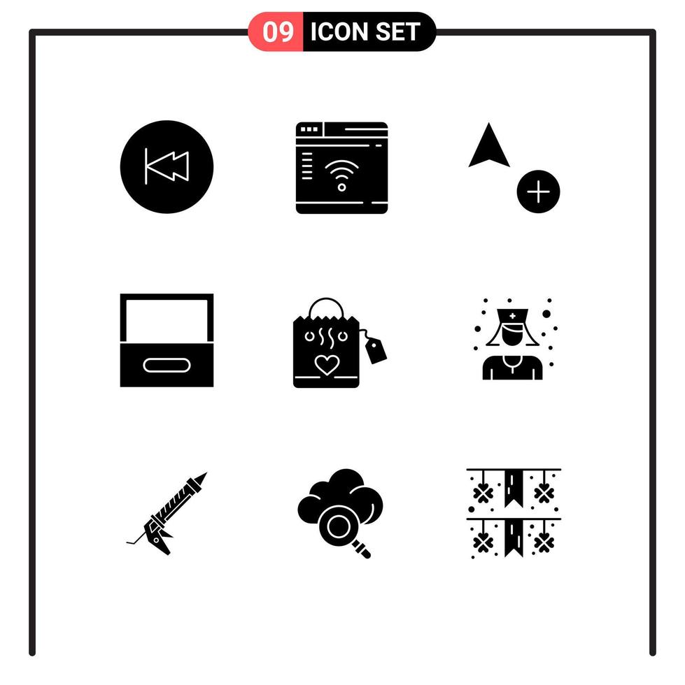 pacote de glifos sólidos de 9 símbolos universais de arquivo de gaveta de página da web de hangbag de coração elementos de design de vetores editáveis