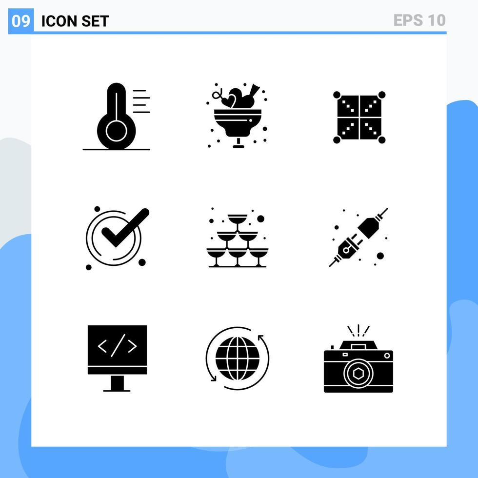 conjunto de pictogramas de 9 glifos sólidos simples de vidro ok codificação boa regra elementos de design de vetores editáveis
