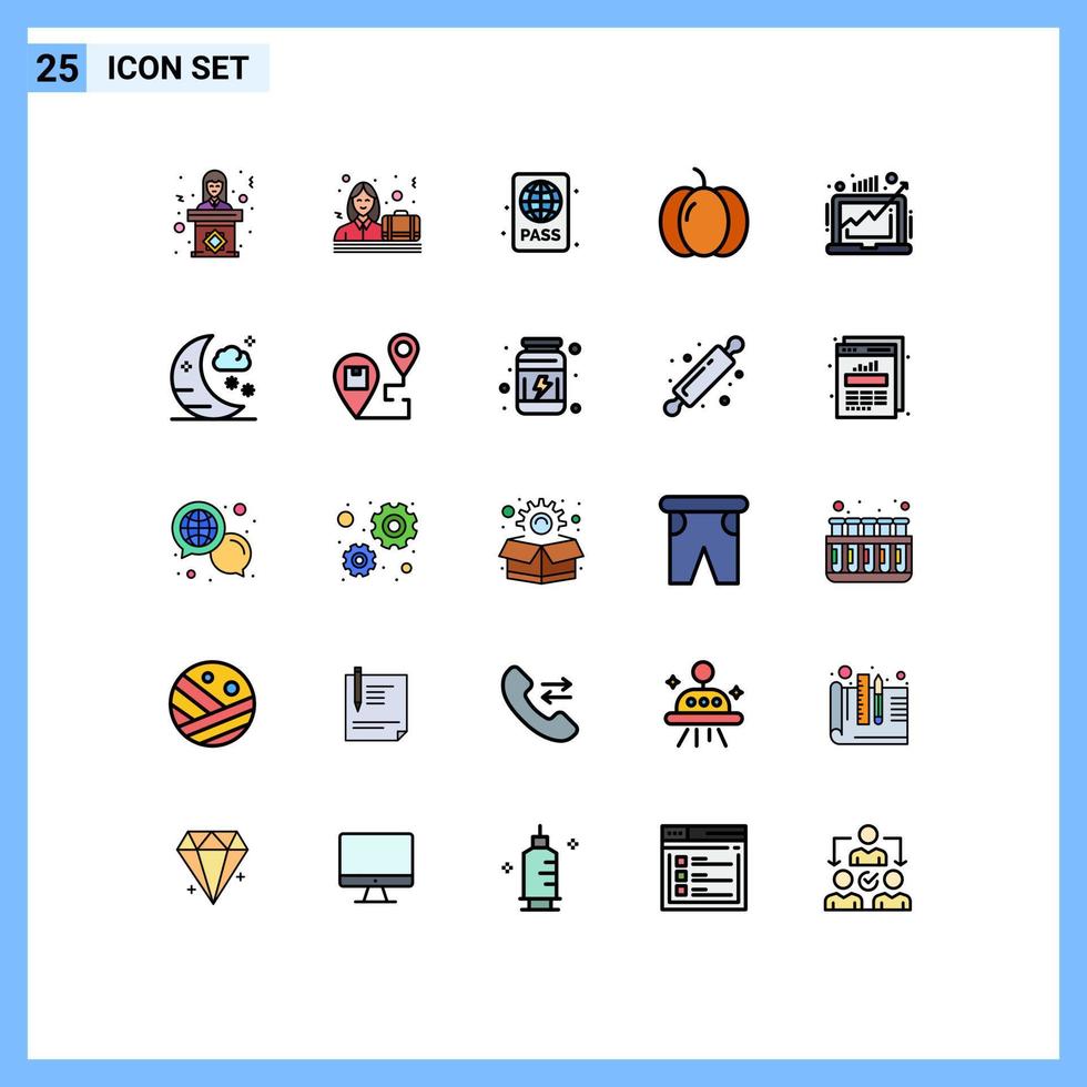 25 interface do usuário linha cheia pacote de cores planas de sinais e símbolos modernos de vegetais halloween piscina de alimentos femininos elementos de design de vetores editáveis