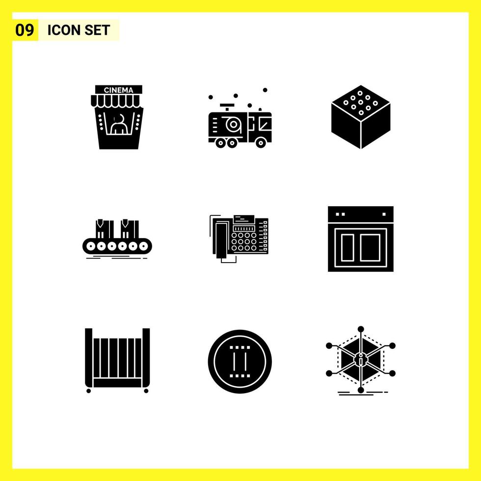 conjunto moderno de 9 glifos e símbolos sólidos, como elementos de design de vetores editáveis de caixa de fábrica de bombeiros de linha de negócios