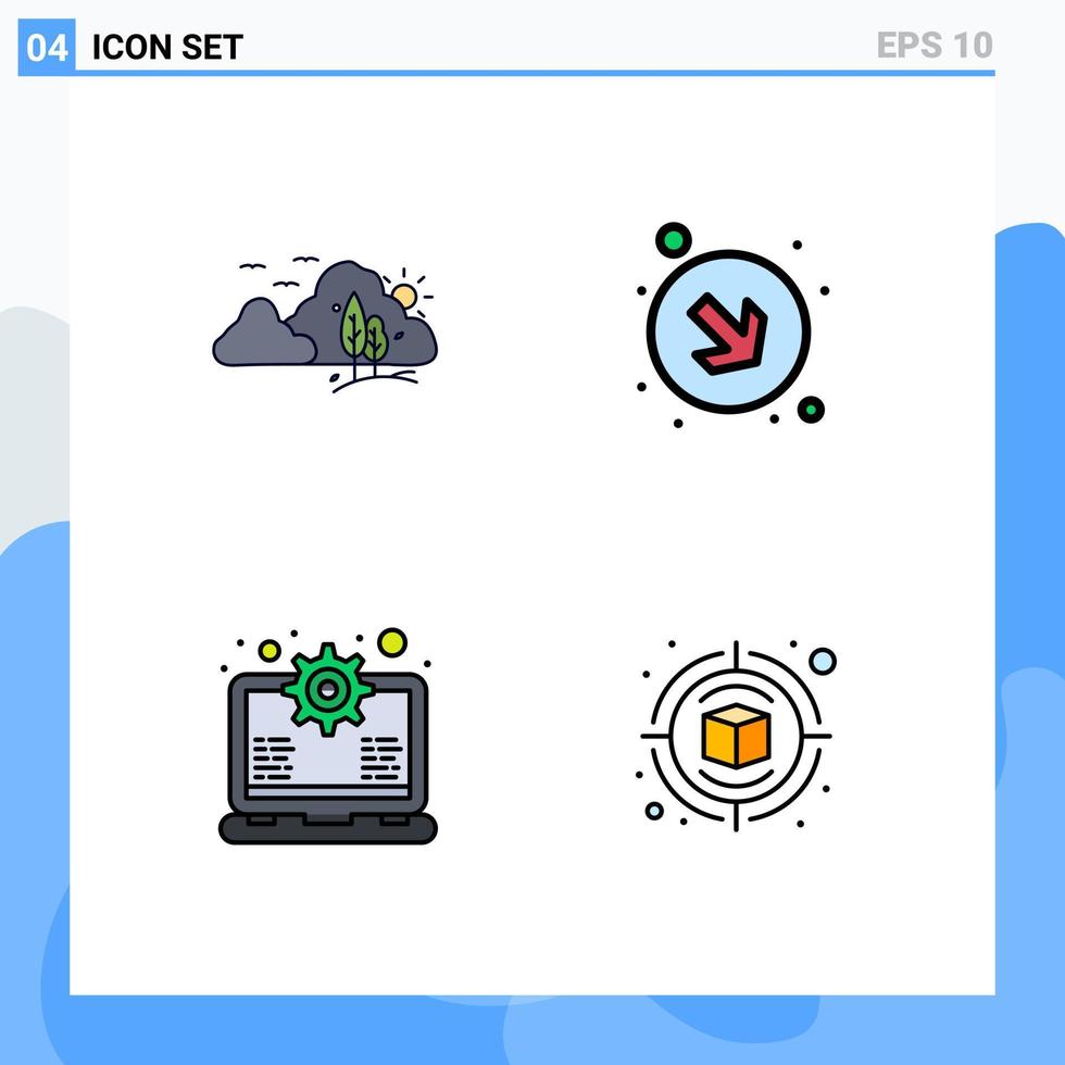4 cores planas de linhas preenchidas de vetores temáticos e símbolos editáveis da natureza do laptop de montanha suportam elementos de design de vetores editáveis