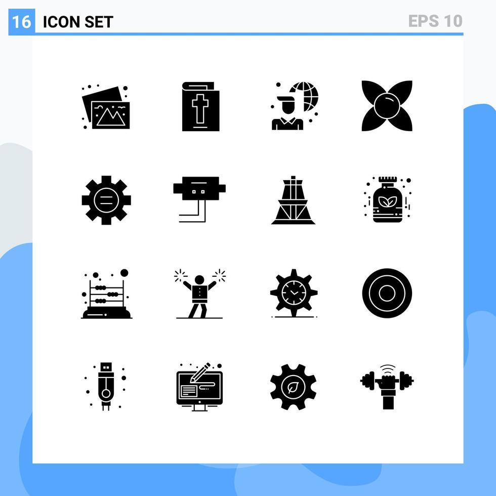 pacote de interface de usuário de 16 glifos sólidos básicos de configuração de conectividade de internet mundial natureza flor elementos de design de vetores editáveis