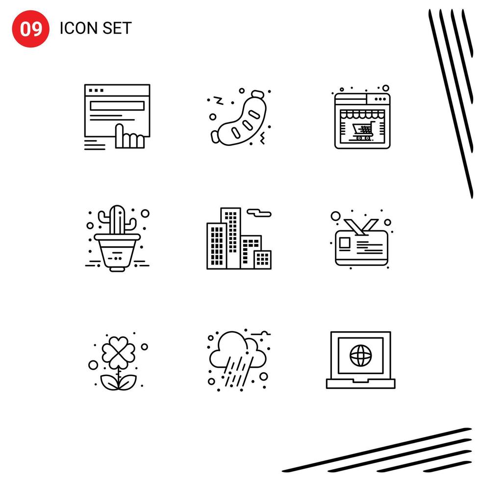 grupo de símbolos de ícone universal de 9 contornos modernos de elementos de design de vetores editáveis de cactos de flor de apartamento