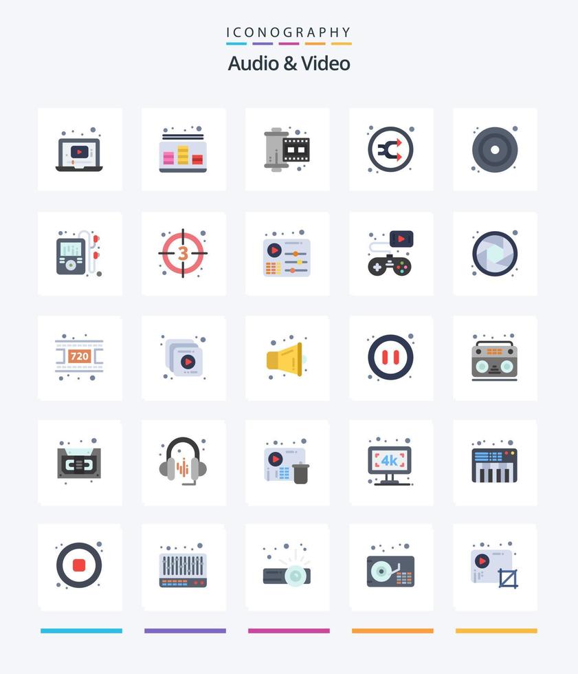pacote criativo de ícones planos de áudio e vídeo 25, como shuffle. música. som. misturar. carretel vetor