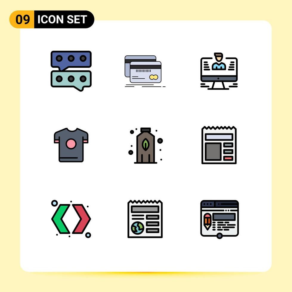 9 interface de usuário pacote de cores planas de linha cheia de sinais e símbolos modernos de elementos de design de vetores editáveis de perfil de camisa de usuário de esporte de garrafa