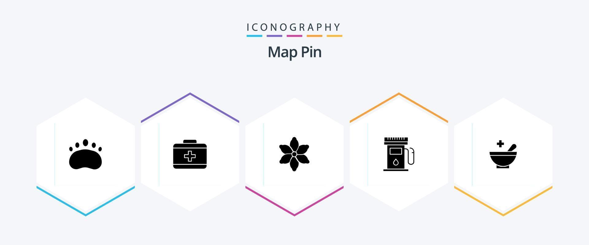 pacote de ícones de 25 glifos de pinos de mapa, incluindo . tigela. plantar. paciente. sinal vetor
