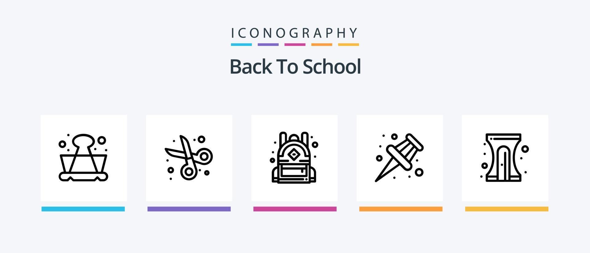 de volta ao pacote de ícones da linha 5 da escola, incluindo . rápido. bloco de anotações. bebida. lápis. design de ícones criativos vetor