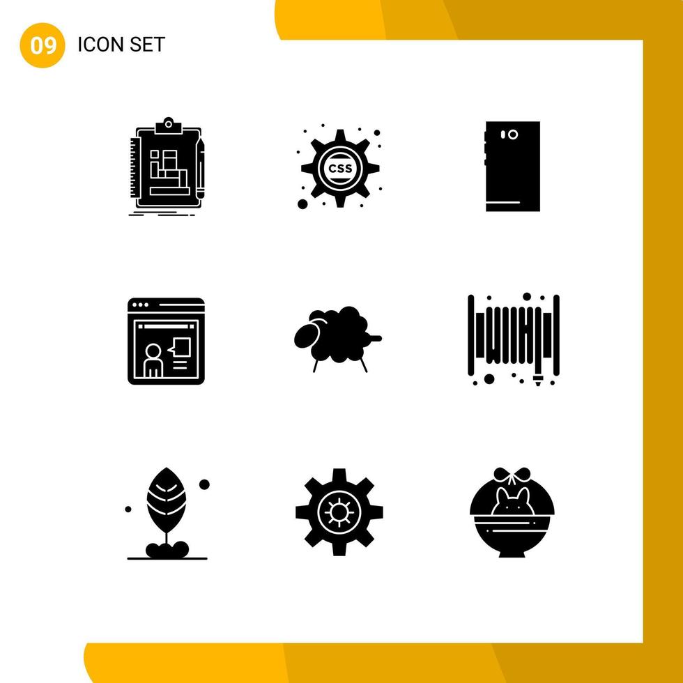 conjunto moderno de pictograma de 9 glifos sólidos de trabalhar on-line css engrenagem consultoria câmera elementos de design de vetores editáveis