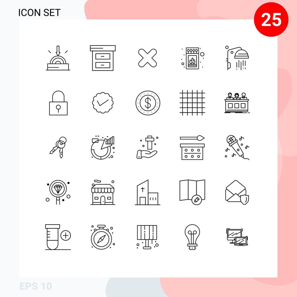 25 ícones criativos, sinais e símbolos modernos de banheiro com chuveiro cancelam elementos de design de vetores editáveis de vara de fogo