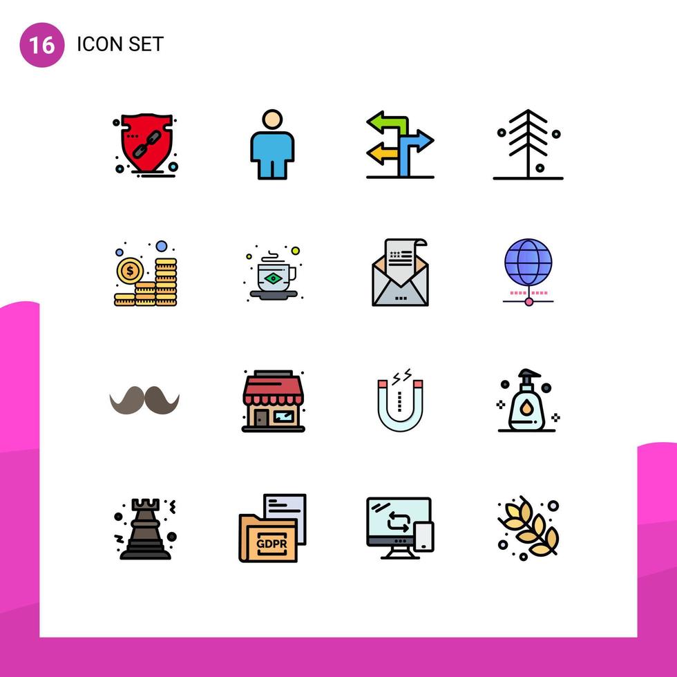 16 interface do usuário pacote de linha cheia de cores planas de sinais modernos e símbolos de moedas direção de investimento orçamento natureza elementos de design de vetores criativos editáveis