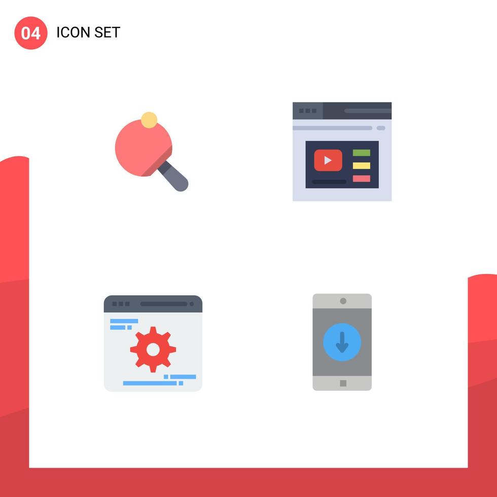 conjunto moderno de pictograma de 4 ícones planos de pong rodas dentadas tênis web engrenagem elementos de design vetoriais editáveis vetor