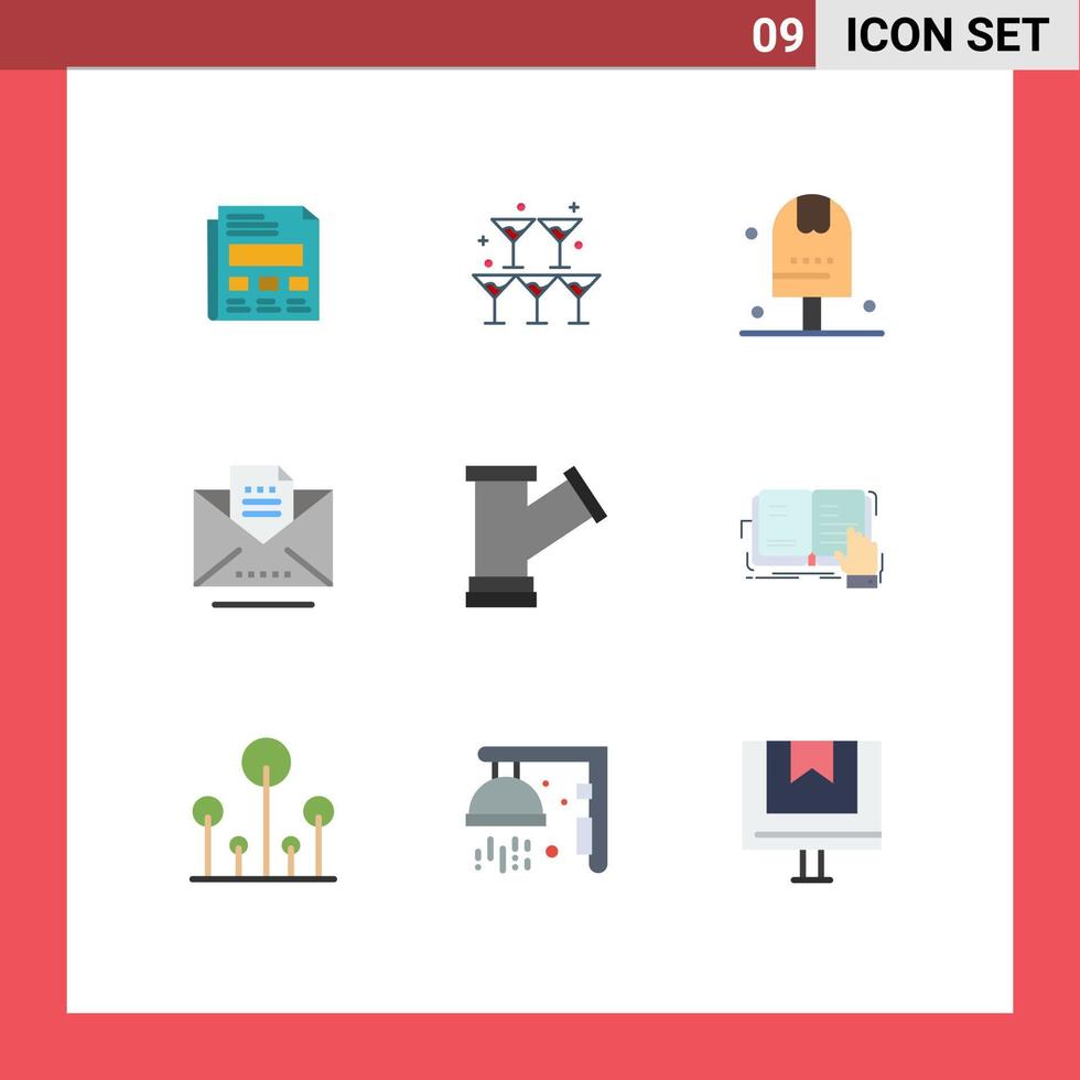 pacote de 9 sinais e símbolos modernos de cores planas para mídia impressa na web, como e-mail de tubo e elementos de design de vetores editáveis