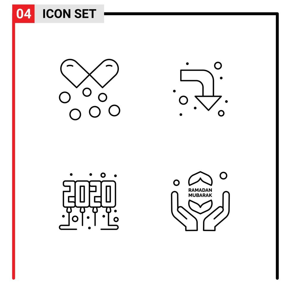 conjunto de linha de interface móvel de 4 pictogramas de cápsulas de ômega de ano novo de óleo recarregar rezar elementos de design de vetores editáveis