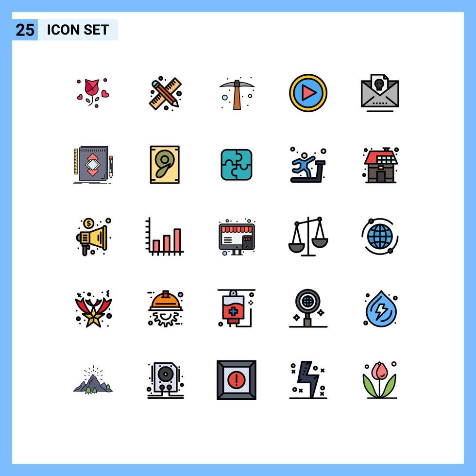 grupo de símbolos de ícone universal de 25 cores planas de linha preenchida moderna de ferramenta de interface de trabalho de jogo morto elementos de design de vetores editáveis