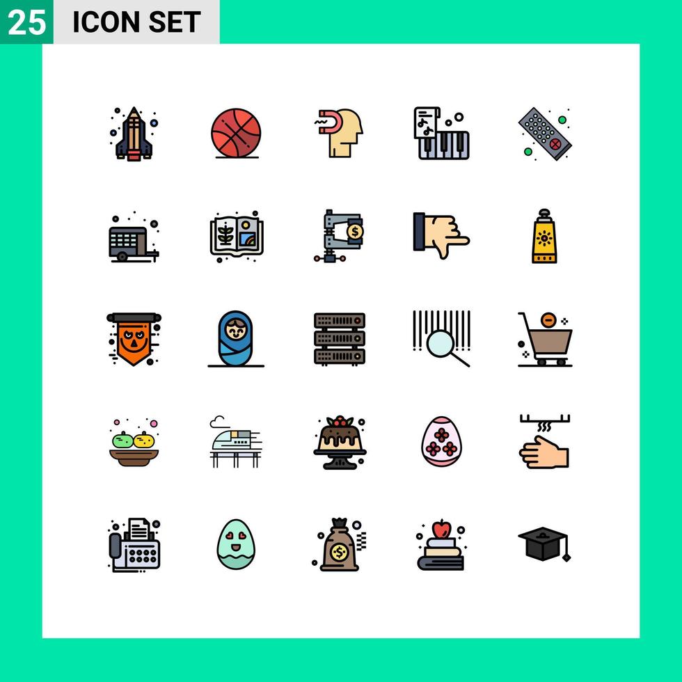 conjunto de cores planas de linha cheia de interface móvel de 25 pictogramas de elementos de design de vetores editáveis de música de engajamento remoto remoto de tv