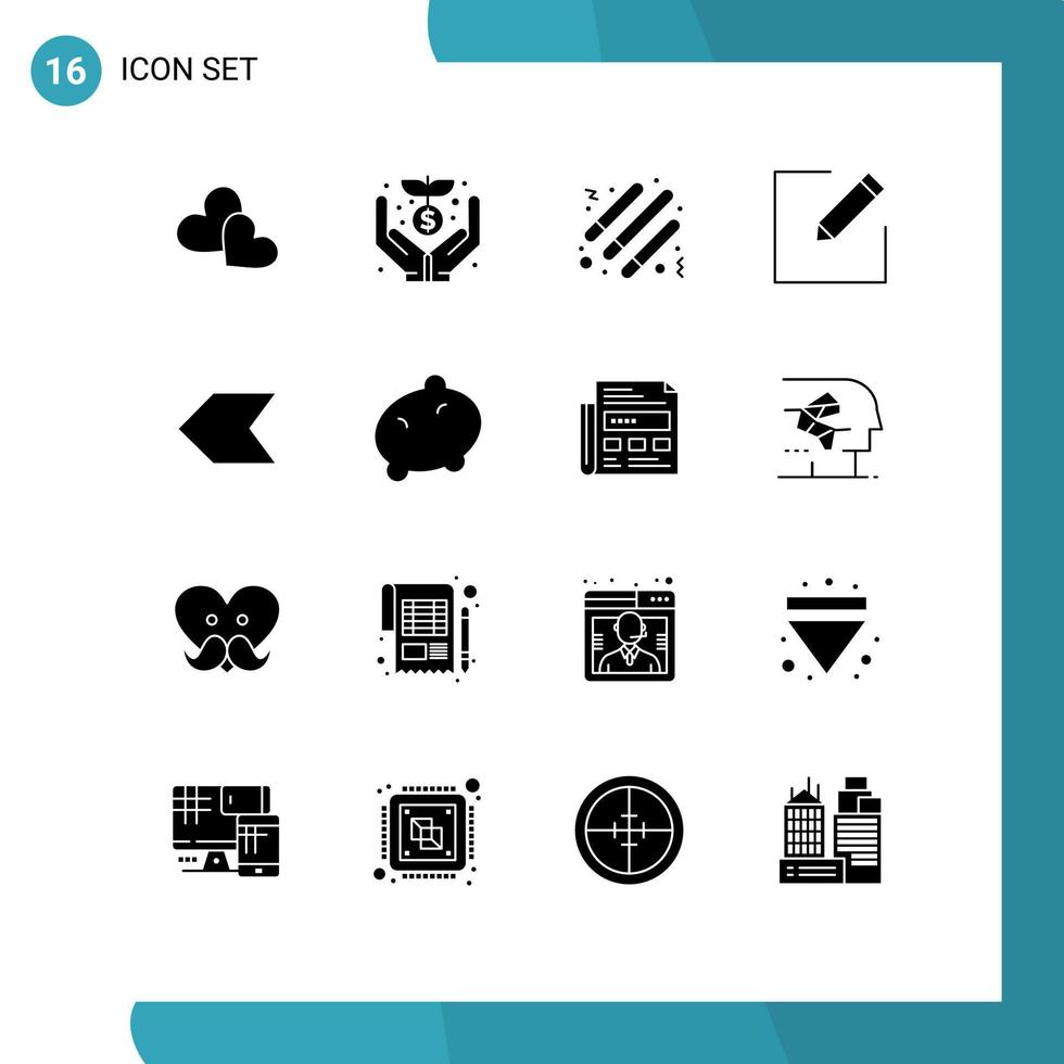 conjunto de 16 pacotes de glifos sólidos comerciais para gravação de tambor de seta esquerda compor elementos de design de vetores editáveis