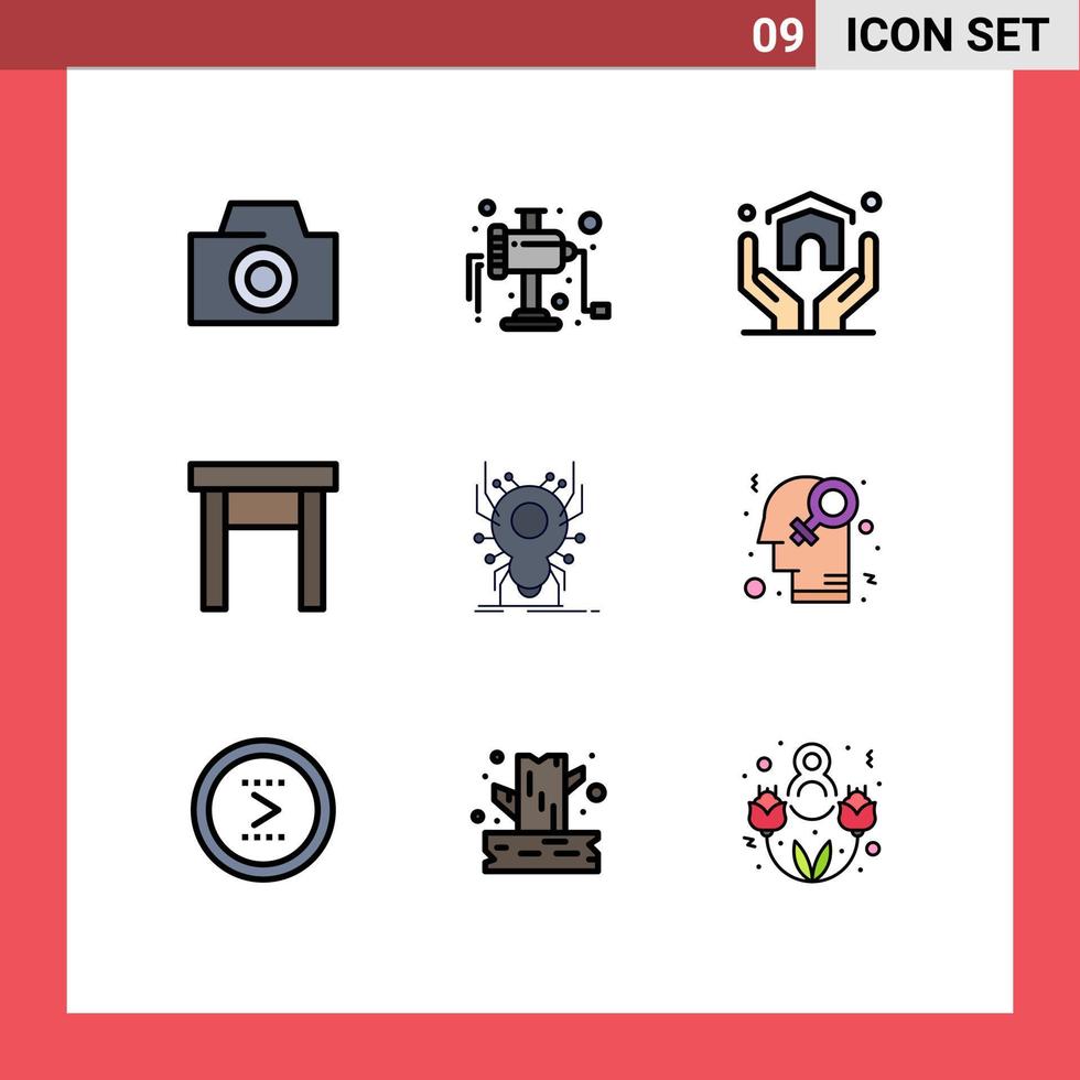 9 interface de usuário pacote de cores planas de linha cheia de sinais e símbolos modernos de elementos de design de vetores editáveis de banco de insetos de seguro de aranha de aplicativo