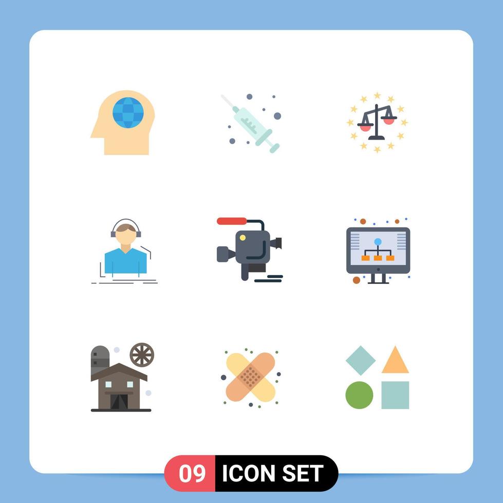 conjunto de cores planas de interface móvel de 9 pictogramas de música de justiça de câmera de filme ouça elementos de design de vetores editáveis