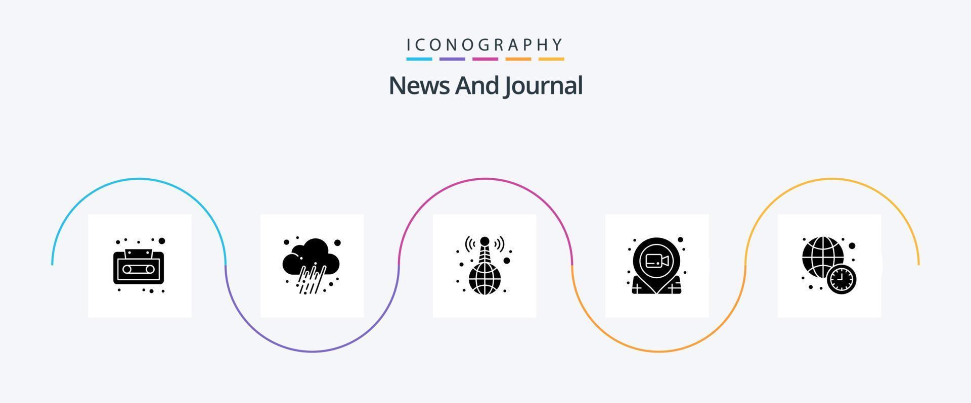 pacote de ícones de glifo de notícias 5, incluindo relógio. alfinete. mundialmente. filme. filme vetor